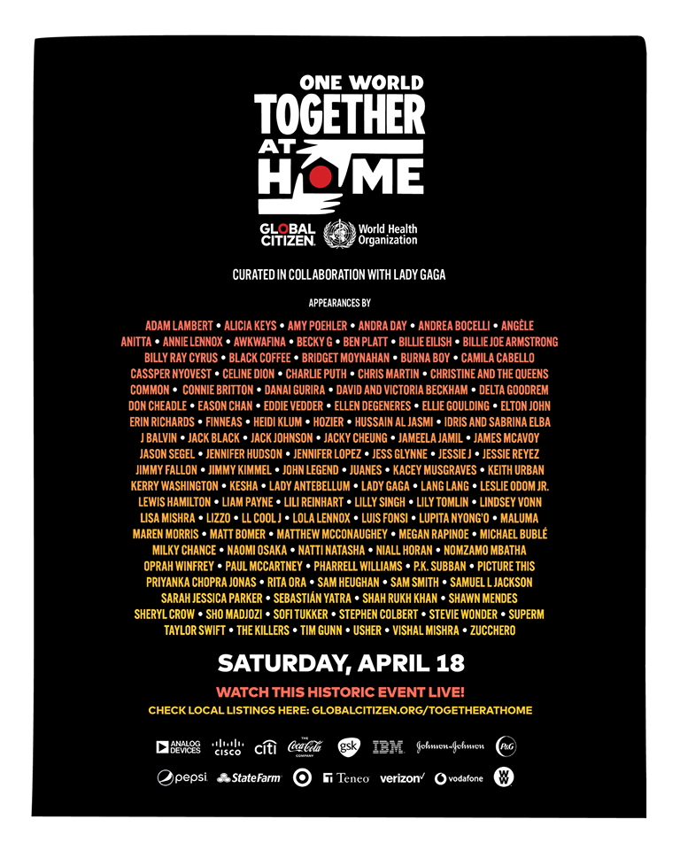 Update: In Response to Covid-19 Elton John, Oprah, Ellen Degeneras, Taylor Swift, Stevie Wonder, and more to appear at Global Citizen event.