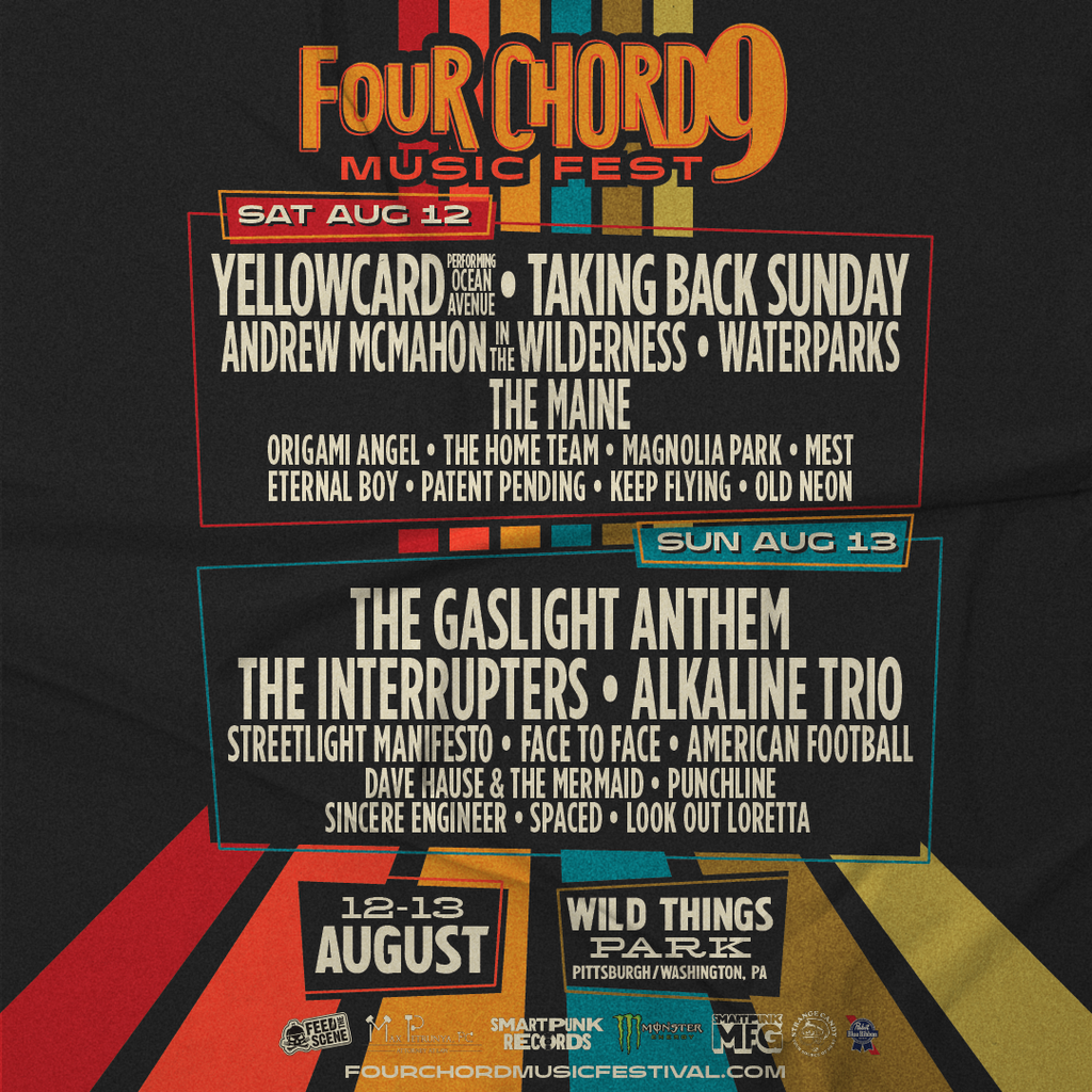 FOUR CHORD MUSIC FESTIVAL 2023 Tickets On Sale Now: Yellowcard, Taking Back Sunday, Andrew McMahon, Waterparks, The Maine, Gaslight Anthem, The Interrupters, Alkaline Trio & More!