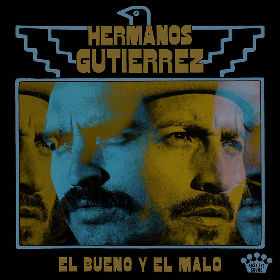 the album cover for Hermanos Gutierrez - El Bueno Y El Malo [Indie Exclusive Limited Edition Blue & White Opaque Marble LP]