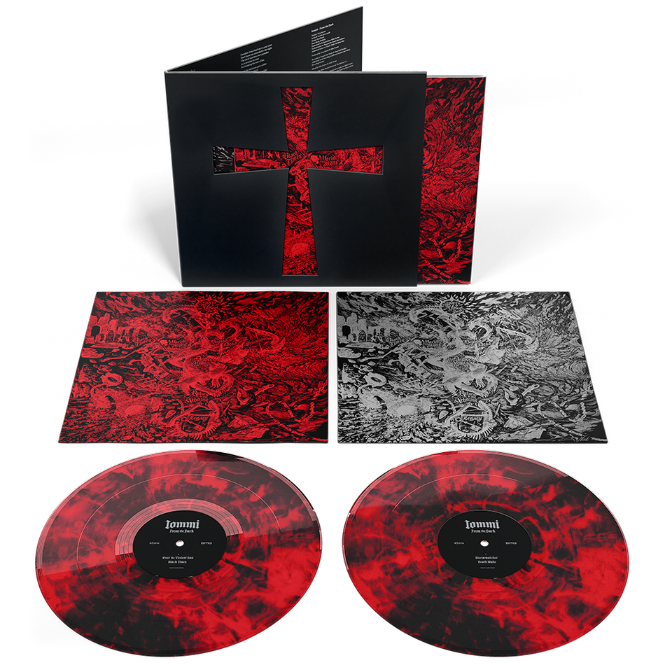 the album cover for Tony Iommi - From The Dark [Indie Exclusive Red/Black Marble 45 RPM]