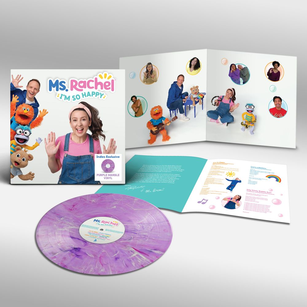 the album cover for Ms. Rachel - I'm So Happy [Indie Exclusive Marble Purple]