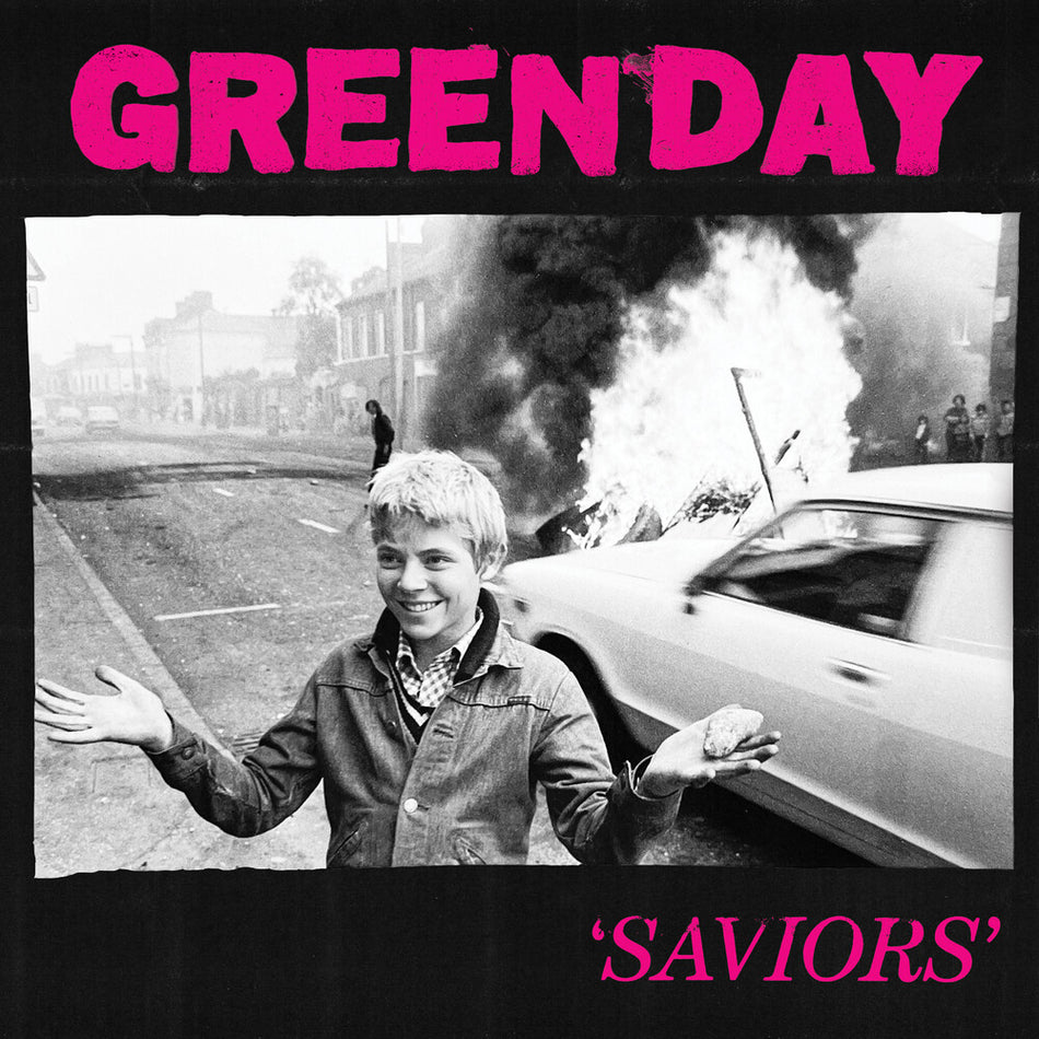 the album cover for Green Day - Saviors [Indie Exclusive Limited Edition Magenta & Black LP]