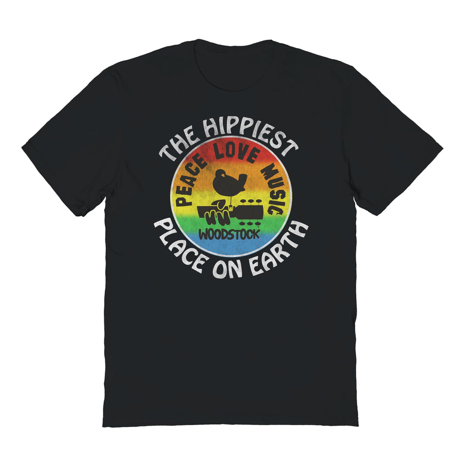 Goodie Two Sleeves Woodstock Hippiest Place on Earth Black T-Shirt